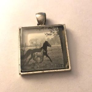Silver black and gray horse and baby pendant